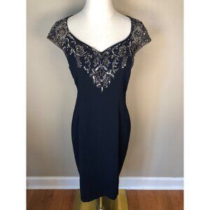Adrianna Papell Beaded & Sequin Mesh Cap Sleeve Navy Cocktail Dress Size 6